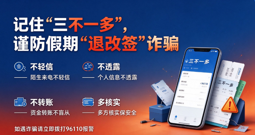 记住“三不一多”，谨防假期“退改签”诈骗